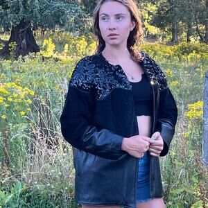 Vintage Glam Rock Oversized Sequin Suede Leather Black Rocker Chic Jacket SZ S